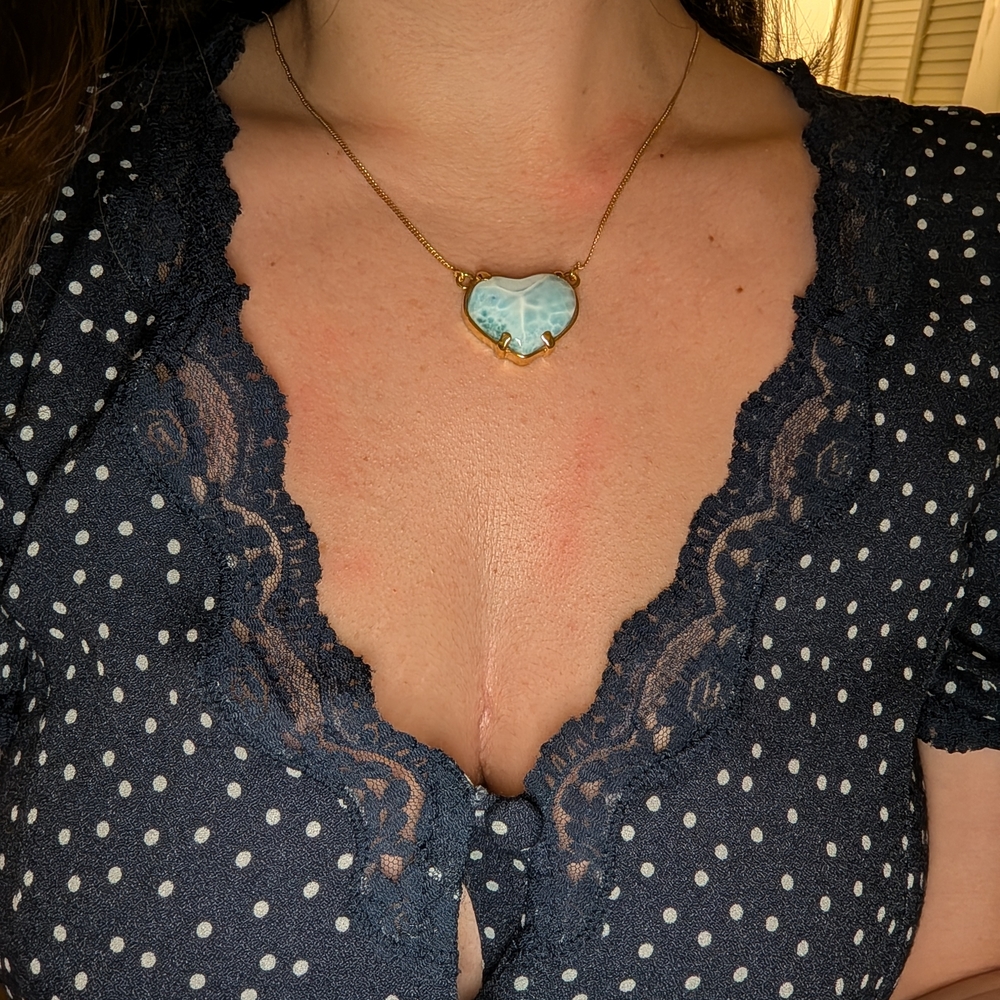 Gold Heart Larimar Pendant Necklace - Blue Heart Gem